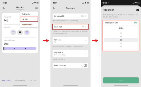 Cài đặt hành trình công tắc rèm đơn trên APP