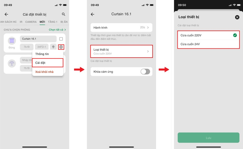 Chọn loại cửa cuốn trên App